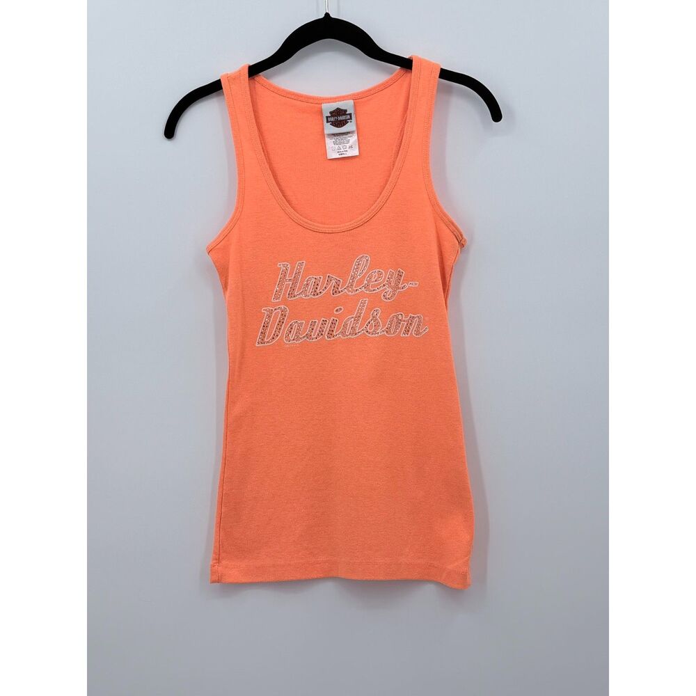 Harley Davidson Orange Bling Tank Top Hill City South Dakota Small Biker Studded